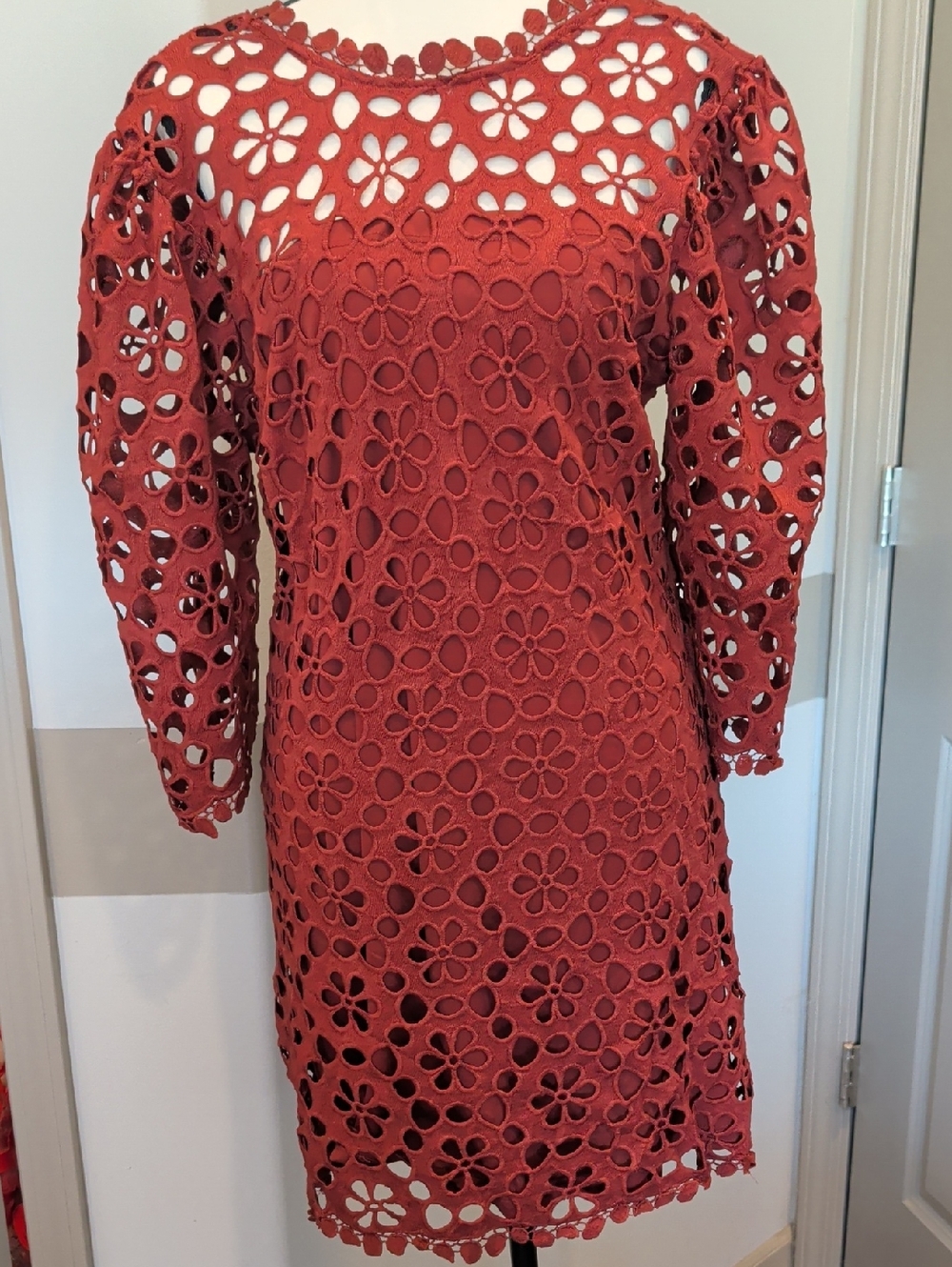 Just Me Rust Floral Crochet Long-Sleeve Shift Dress